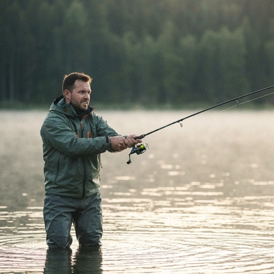 An angler holding a fishing rod, casting into a clear freshwater lake at sunrise, focus on the action of casting and the serene environment, no text, no words, no typography, 8K, clean image