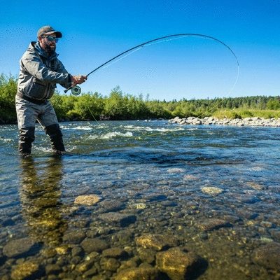 Angler casting into a river riffle, clear water, rocky bottom, fishing rod in action