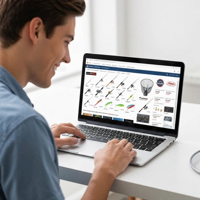Person browsing fishing gear on a laptop, showing various brands and prices
