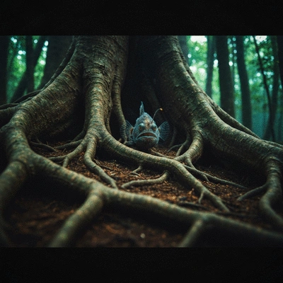 Angler observing ripples on a clear stream, surrounded by lush nature
