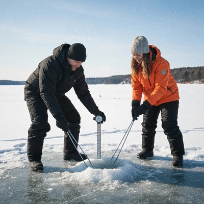 Two people ice fishing on a frozen lake, demonstrating safe practices