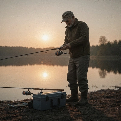 Angler preparing fishing gear by a calm lake at sunrise