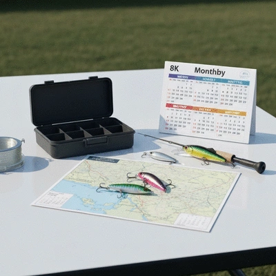 Fishing gear laid out with a map and fishing calendar, implying careful planning
