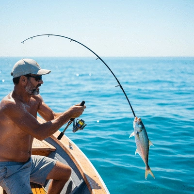 Angler successfully jigging in open saltwater from a boat