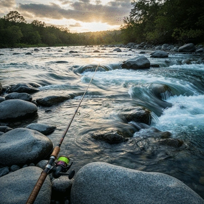River with fast flowing water, rocks, and a fishing rod in the foreground, no text, no words, no typography, no labels, clean image