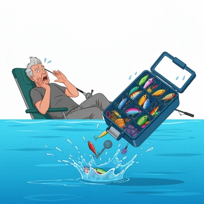 Humorous illustration of a tackle box falling out of a fishing boat into water, person looking dismayed