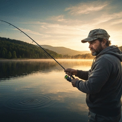 Fisherman casting a line into a serene lake at sunrise