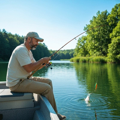 Angler on a boat using a fishing rod with a lure, surrounded by scenic water and nature, showing a successful fishing experience, no text, no words, no typography, clean image