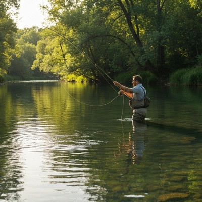 Angler successfully fly fishing in a serene freshwater river