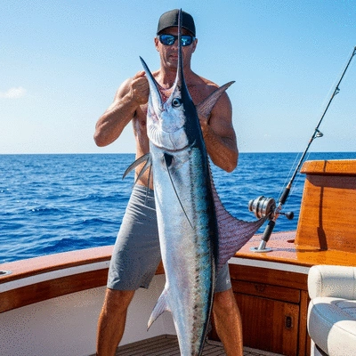 Angler proudly holding a large marlin on a boat