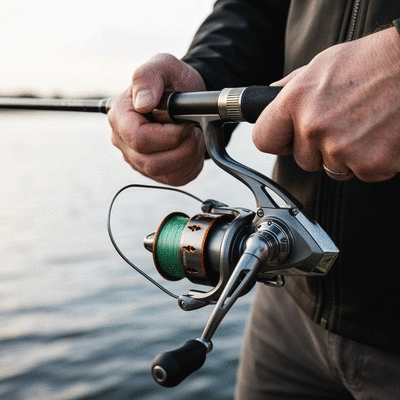 Close-up of a fishing reel and rod held by an angler, with a blurred lake background