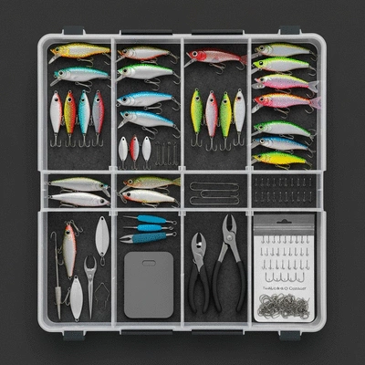 Well-organized surfcasting tackle box with various lures, hooks, and tools, clean image, no text, no words, no typography, 8K