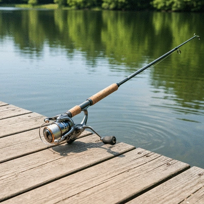 A reliable fishing rod and reel combo on a dock