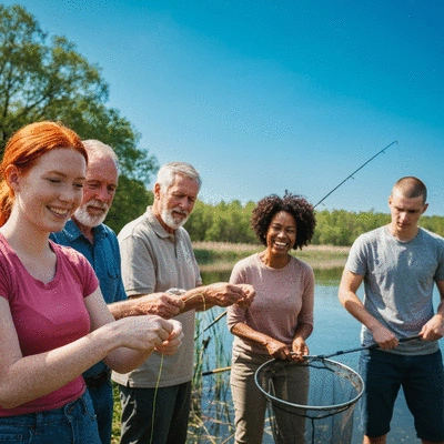 People engaging in a fishing workshop or clinic, learning from an instructor