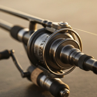 Close-up of an authentic, high-quality fishing rod and reel with a smooth operation