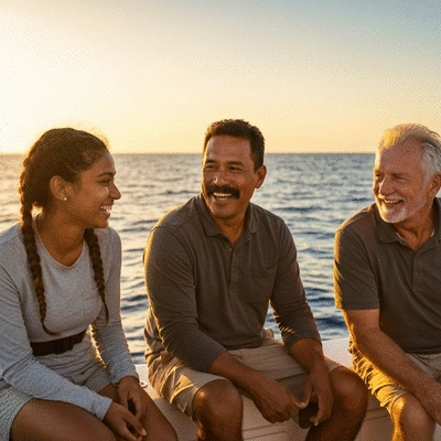 Diverse group of anglers sharing stories and laughing on a boat at sunset