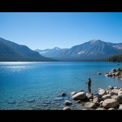 Panoramic view of Lake Tahoe with an angler fishing from the shore, surrounded by mountains and clear blue water, no text, no words, no typography, 8K
