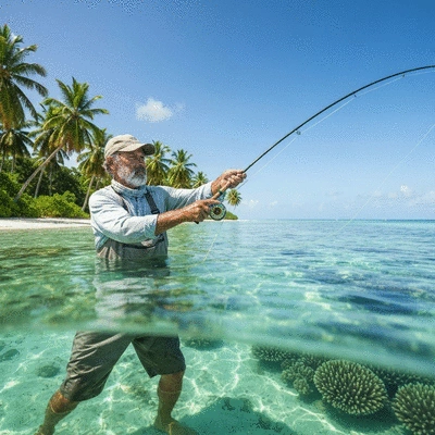 Fisherman casting a fly rod in clear shallow saltwater with a scenic tropical background