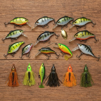 Assortment of fall bass fishing lures on a wooden background