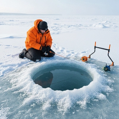Ice fishing setup with a hole in the ice, surrounded by snow