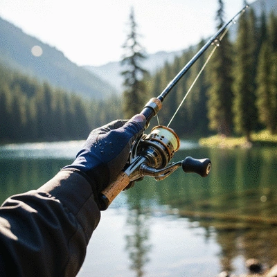 Close-up of a fishing rod and reel combo in a natural outdoor setting