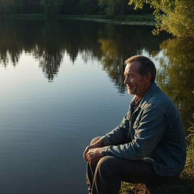 Angler reflecting by a calm body of water, peaceful scene